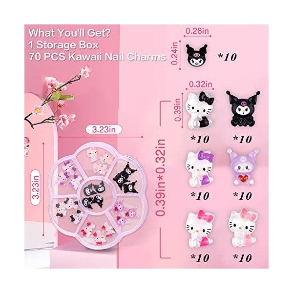 Lot de 70 breloques Kawaii pour ongles en résine à dos plat, pour décoration dongles breloques mignonnes 