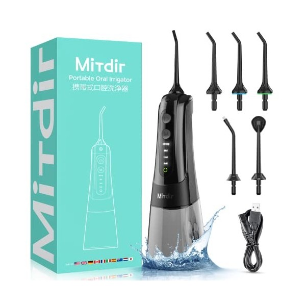 MiTdir Jet Dentaire Hydropulseur Oral Irrigator 5 Embouts Jet 4 Modes IPX7 Étanche 300ML Amovible Grand Réservoir Deau Porta