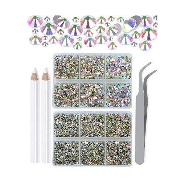 LPBeads Lot de 6000 strass transparents AB non thermocollants - 6 tailles - En verre cristal - Dos plat - Avec pince à épiler