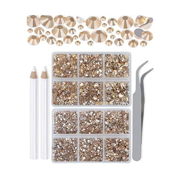 LPBeads Lot de 6000 strass transparents AB non thermocollants - 6 tailles - En verre cristal - Dos plat - Avec pince à épiler