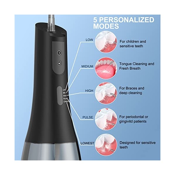 Hydropulseur jet Dentaire Portable, Sanpintech Irrigateur Oral Professionnel IPX7 Étanche, 6 Buses à Jet 5 différentes Modes,