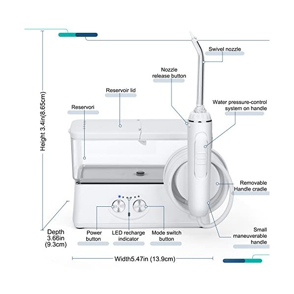 H2ofloss Hydropulseur dentaire pour dents, irrigateur buccal avec 5 jets, 6 modes IPX7, hydropulseur dentaire étanche, cure-e