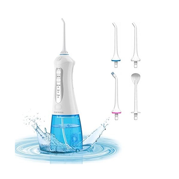 TUREWELL Hydropulseur dentaire sans fil portable pour nettoyeur de dents, 3 modes et 4 embouts de jet IPX7, étanche à leau, 