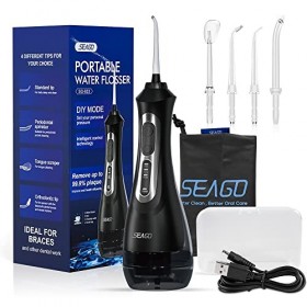 Hydropulseur Jet Dentaire Portable, Seago Detartreur Dentaire Professionnel, DIY Modes, IPX7 Etanche, 5 Buses à Jet, USB Rech
