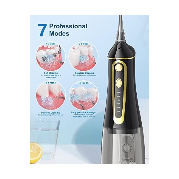 Smil Eglade Hydropulseur dentaire rechargeable pour nettoyage des dents IPX7 étanche pour la maison et les voyages 7 niveaux 