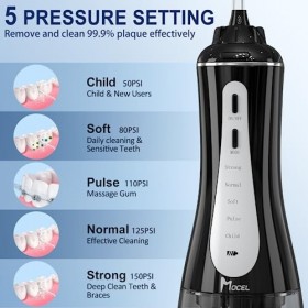 MOCEL Hydropulseur dentaire à eau avec 5 modes, nettoyeur de dents sans fil 350 ml 6 pointes, étanche IPX7, batterie puissant