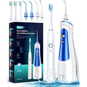 Baibb Hydropulseur dentaire portable sans fil avec 6 modes et 3 modes sonores, 4 embouts de jet et 4 têtes de brosse, kit de 