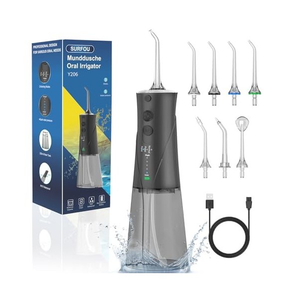 SURFOU Jet Dentaire Hydropulseur et Irrigateurs 3 Modes 5 Pression Deau 7 Embouts, IPX7 Etanche, USB rechargeable et Réservo