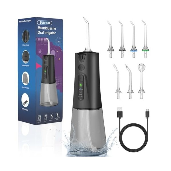 SURFOU Jet Dentaire Hydropulseur et Irrigateurs 5 Modes 7 Embouts, IPX7 Etanche, USB-C Rechargeable et Réservoir Deau 230 ML