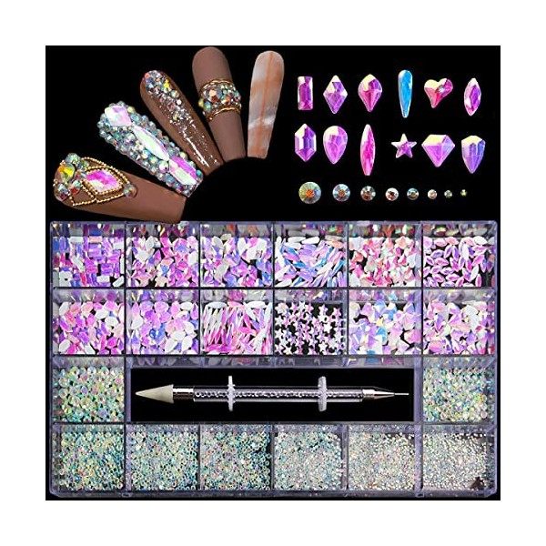 Yzzseven Lot de 12 types de 600 diamants + 2500 strass plats 20 styles de strass à dos plat pour décoration dongles - Bleu