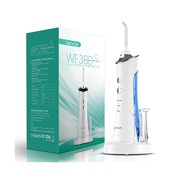 VOYOR Hydropulseur Dentaire Portable, Irrigateur Oral Professionnel IPX7 Étanche, 4 Buses 3 Modes pour Voyage et Utilisation 