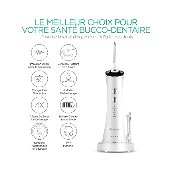 VOYOR Hydropulseur Dentaire Portable, Irrigateur Oral Professionnel IPX7 Étanche, 4 Buses 3 Modes pour Voyage et Utilisation 