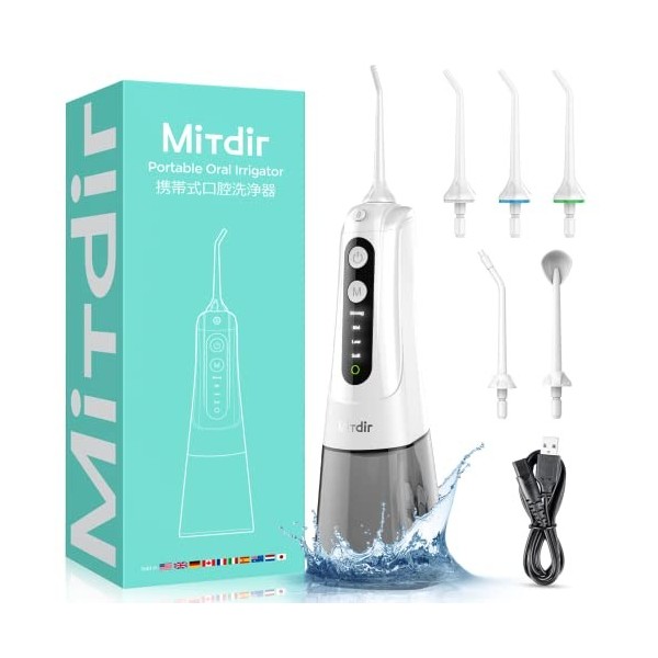 MiTdir Hydropulseur dentaire à 5 embouts de jet, 4 modes, étanchéité IPX7, 300 ml, grand réservoir deau amovible, portable, 