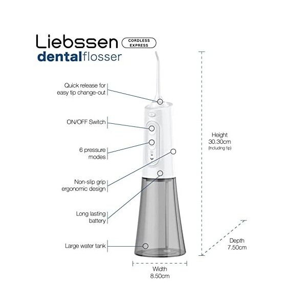 Liebssen Jet Dentaire Hydropulseur dentaires Fonctionnement à un bouton 6 intensités deau 5 embouts IPX7 Réservoir de 300 ml