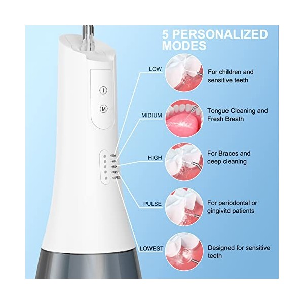 Hydropulseur jet Dentaire Portable, Sanpintech Irrigateur Oral Professionnel IPX7 Étanche, 6 Buses à Jet 5 différentes Modes,