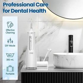 Hydropulseur Jet Dentaire Sans Fil, Irrigateur Oral Professionnel avec 5 Buses 4 Modes, IPX7 Étanche, Réservoir De 300 ML, Po
