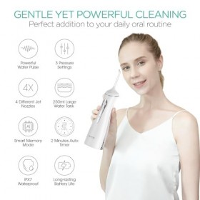VOYOR-HEALTH Hydropulseur Dentaire Portable, Irrigateur Oral sans fil Étanche IPX7, 250 ML, 4 Buses 3 Modes, Nettoyeur de Den