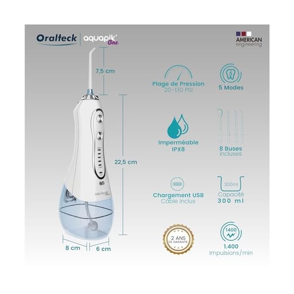 Aquapik One, Irrigateur dentaire et nasal portable. Comprend 8 buses multifonctionnelles. 5 modes dutilisation.Capacité 300 