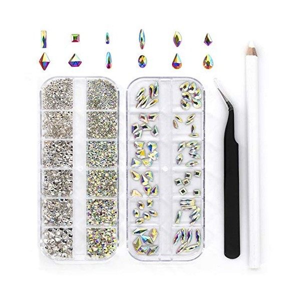 Lot de 2 boîtes de 1512 cristaux multicolores AB et transparents pour nail art - Décorations 3D - Avec pince à épiler et styl