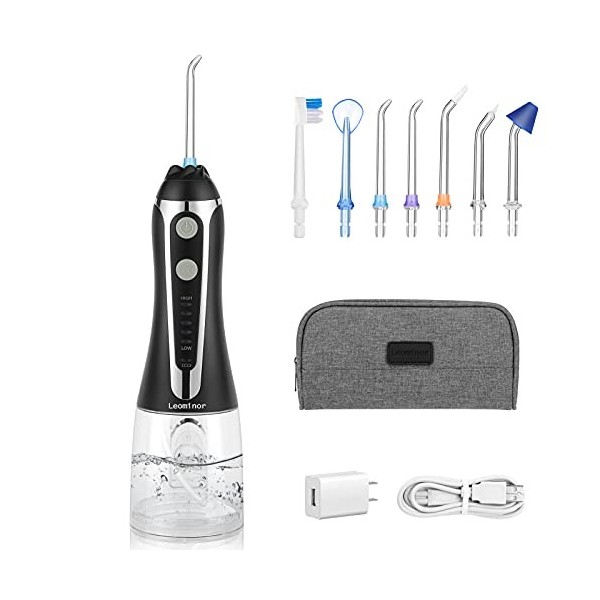 Leominor Hydropulseur dentaire professionnel sans fil, étanche IPX7, avec sac de voyage et 7 embouts de jet, rechargeable pou