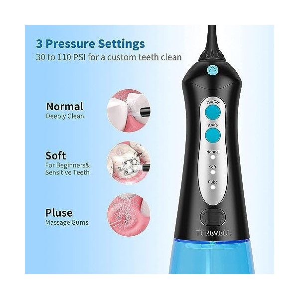 TUREWELL FC1592 Hydropulseur Jet Dentaire Portable, Irrigateur Oral Professionnel 300ML Electrique & Rechargeable IPX7 Etanch