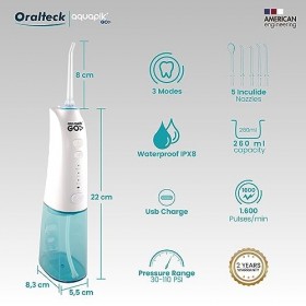 Irrigateur dentaire professionnel Aquapik Go. Comprend 5 buses multifonctionnelles. 3 modes dutilisation.IPX8 étanche. Rotat