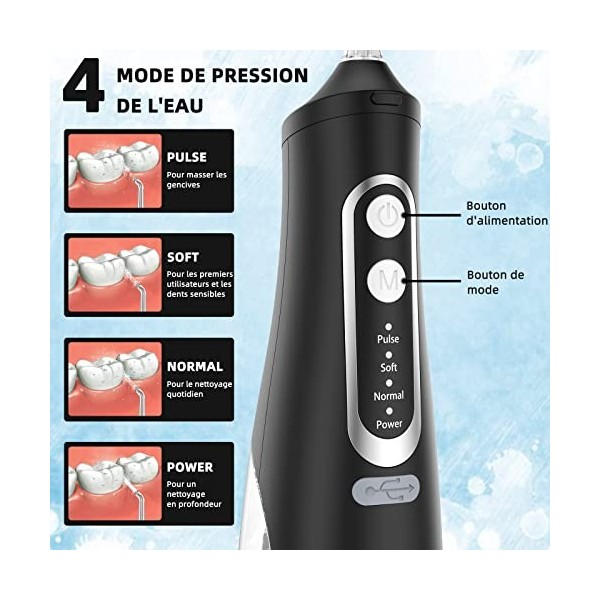 Jet Dentaire Hydropulseur Portable, Jet Dentaire Sans Fil Rechargeable avec 4 Modes Capacité de 310 ml IPX7 Étanche 60 Jours 