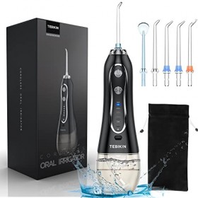 TEBIKIN Jet Dentaire Hydropulseur Oral Professionnel avec 5 puissances réglables , 5 Buses de Rechange , Réservoir 300ML , Ir