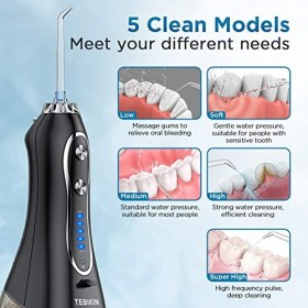 TEBIKIN Jet Dentaire Hydropulseur Oral Professionnel avec 5 puissances réglables , 5 Buses de Rechange , Réservoir 300ML , Ir