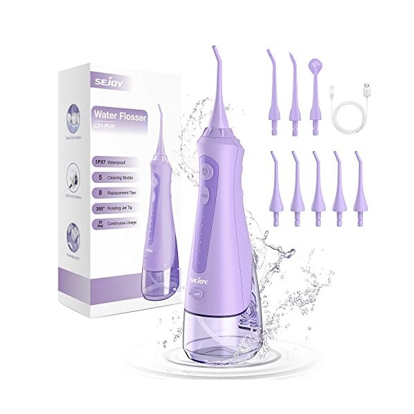 Sejoy Hydropulseur Dentaire, Jet Dentaire Hydropulseur de Voyage, 5 Modes et 8 Buses de Rechange, Irrigateur Oral Professionn