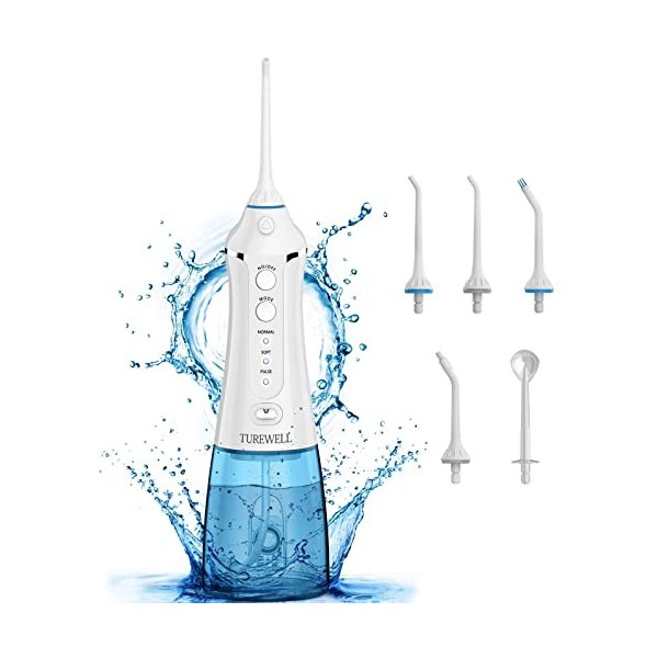 TUREWELL FC1591 Hydropulseur Jet Dentaire,Portable Irrigateur Oral avec 3 Modes et 5 Buses,USB Rechargeable et IPX7 Etanche,3