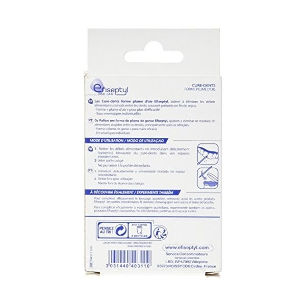 Efiseptyl - Cure-Dents En Forme Plume DOie - Emballage Individuel - x50