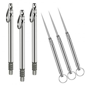 Lot de 3 cure-dents portables en titane - En acier inoxydable - Réutilisables - Pour camping, pique-nique, voyage - Argenté