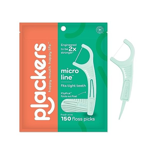 Plackers Micro Mint Lot de 150 fils dentaires, saveur menthe fraîche, cure-dents pliables, super tuffloss, rangement facile a