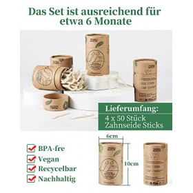 ZITFRI Lot de 200 bâtonnets de fil dentaire durable - Fil dentaire végétalien avec cure-dent - Résistant à la déchirure - San