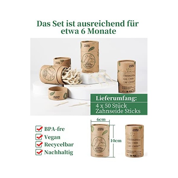 ZITFRI Lot de 200 bâtonnets de fil dentaire durable - Fil dentaire végétalien avec cure-dent - Résistant à la déchirure - San