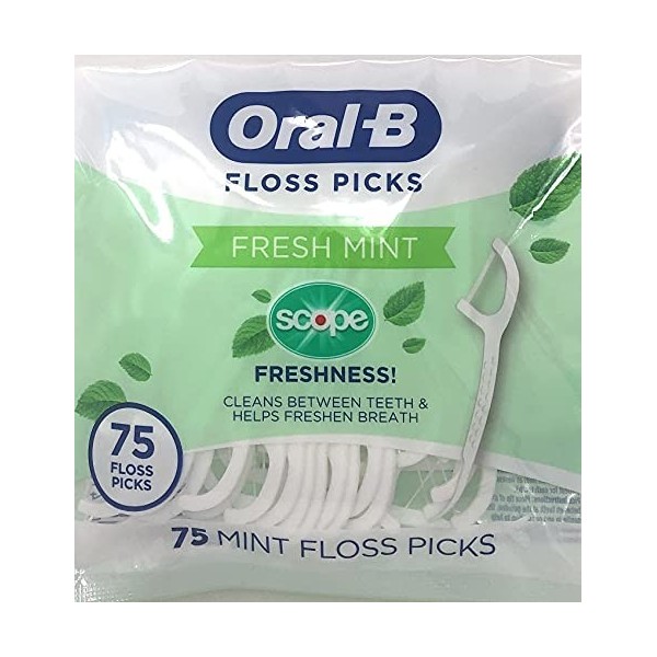 Oral-B Lot de 5 piques à fil dentaire à la menthe fraîche - Fraîcheur - Résistants aux déchiquements - 75 pièces