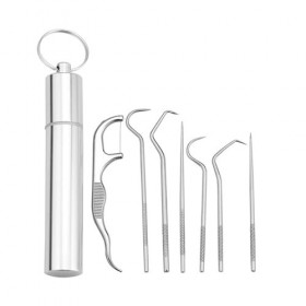 Set de cure-dents en acier inoxydable - 7 pièces dans un rangement pratique - Porte-cure-dents étanche en métal