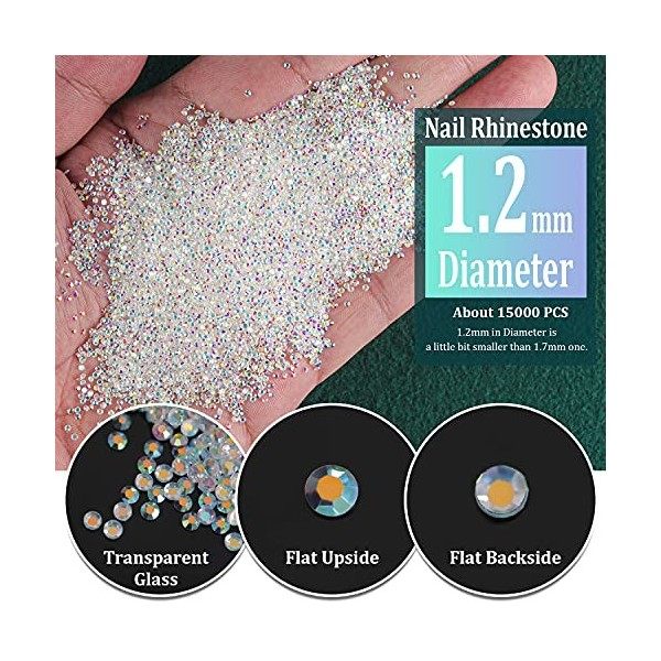 BELLEBOOST Lot de 15 000 perles diamant AB de 1,2 mm en verre brillant strass irisés, longue durée comme Swarovski, pour nail