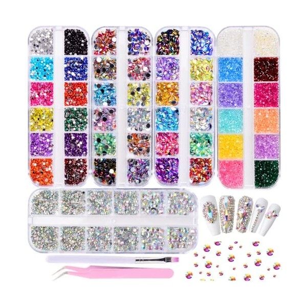 5 Boxen buntes Nail Art Strass Set - bunte Nagel Kristall Edelsteine Nageldiamanten Nagel Pferde Augen Strass mit Pinzette un