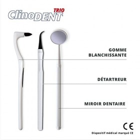 Clinodent Trio - Kit anti-tartre avec gomme blanchissante, miroir blanchissant et miroir dentaire
