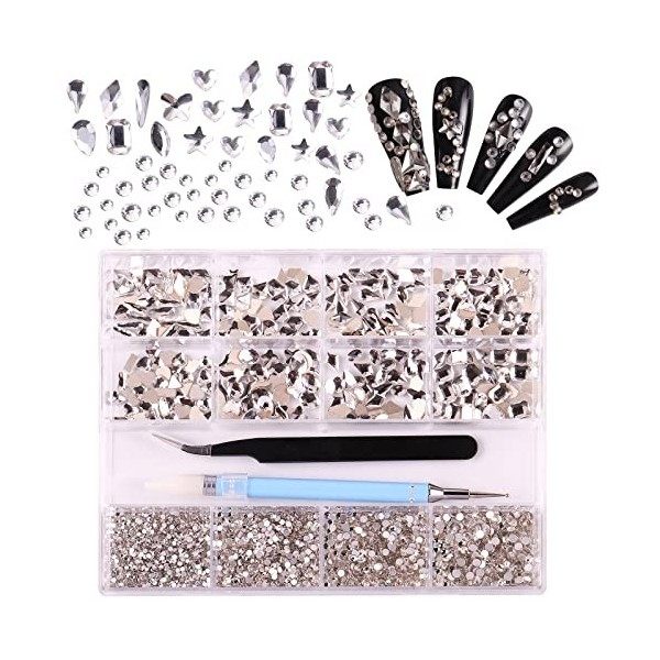 3320Pcs Strass Ongle Nail Art Ongles AB Strass Art, HOINCO Nail Art Strass 3d 320 Diamants+3000 Strass Ongles avec Pince à Ép