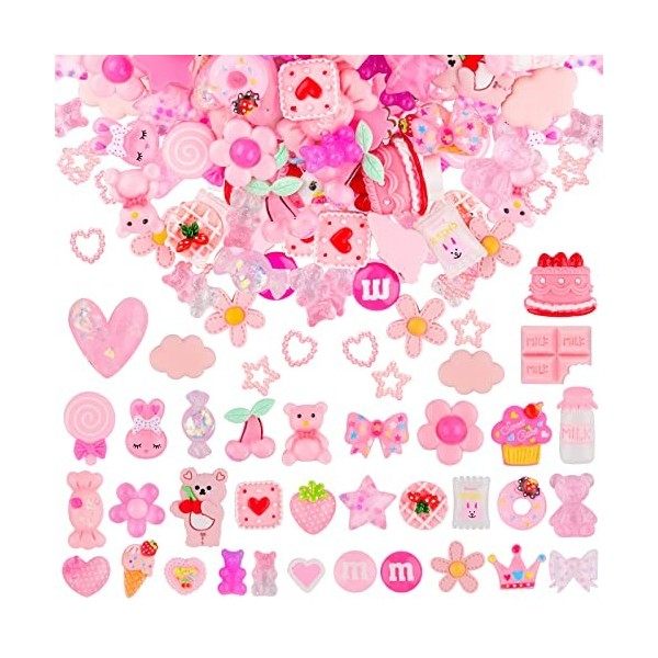 EBANKU Lot de 100 décorations en résine rose à dos plat - 36 styles mixtes - Breloques Kawaii Slime - Fournitures de scrapboo