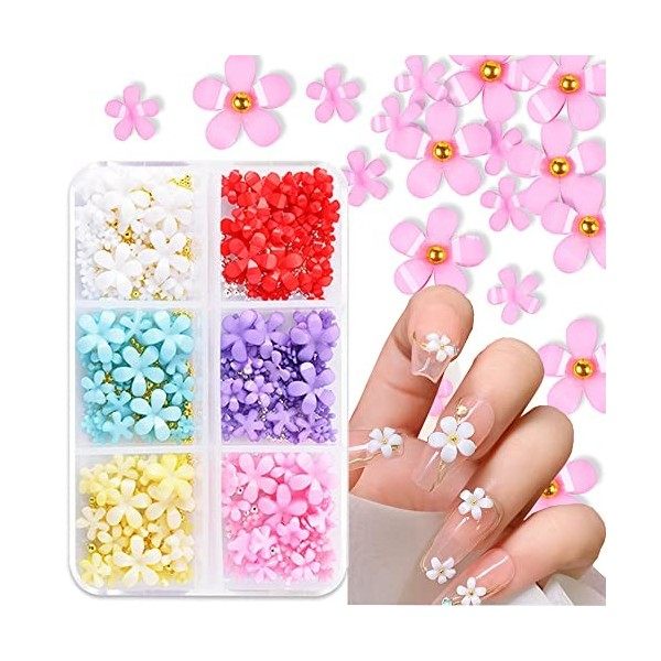Breloques pour ongles en acrylique - 6 grilles - Fleurs 3D - Strass - Blanc - Rose - Bleu - Fleurs de cerisier - Fournitures 