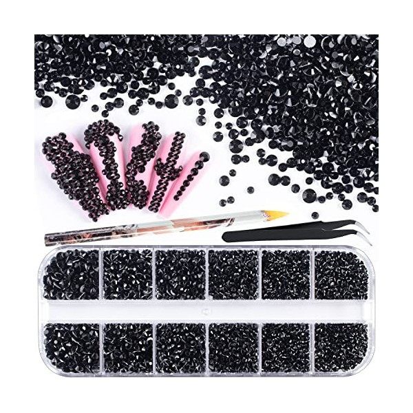 Lot de 3600 strass ronds en verre noir 6 tailles à dos plat pour décoration dongles, pince à épiler et stylo inclus