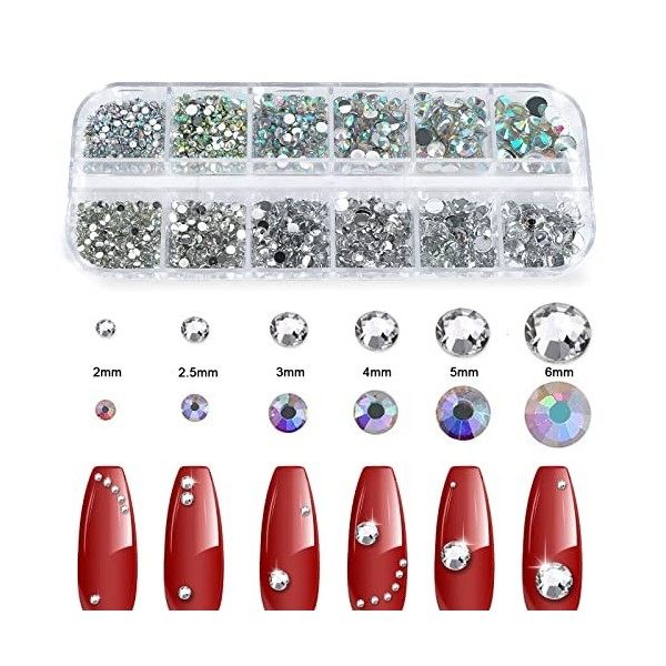 Canvalite Lot de 1500 strass à dos plat en 6 tailles avec pince à épiler et stylo à pointiller pour ongles, maquillage, vêtem