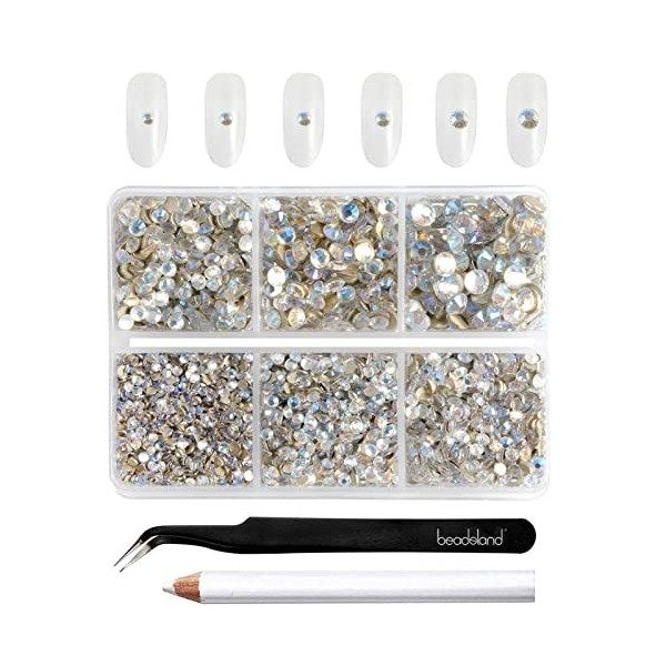 Beadsland Lot de 4300 strass à dos plat - Pour bricolage - 6 tailles - Avec pincette et stylo à cire - SS6-SS20 - Cristal bla