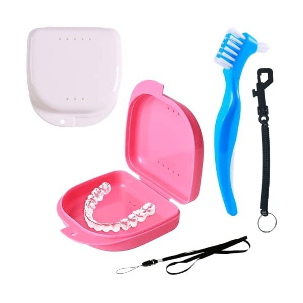 [Set 5 pcs] Boîtes Appareil dentaire + Brosse de Nettoyage | compr. Mousqueton et Lanyard pour Enfants | Étui Rangement Voyag