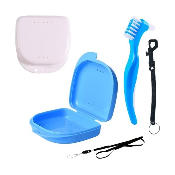 [Set 5 pcs] Boîtes Appareil dentaire + Brosse de Nettoyage | compr. Mousqueton et Lanyard pour Enfants | Étui Rangement Voyag