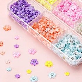 Lot de 2 boîtes de breloques en forme de fleur 3D pour ongles, 6 couleurs mélangées avec perles dorées et argentées, strass A